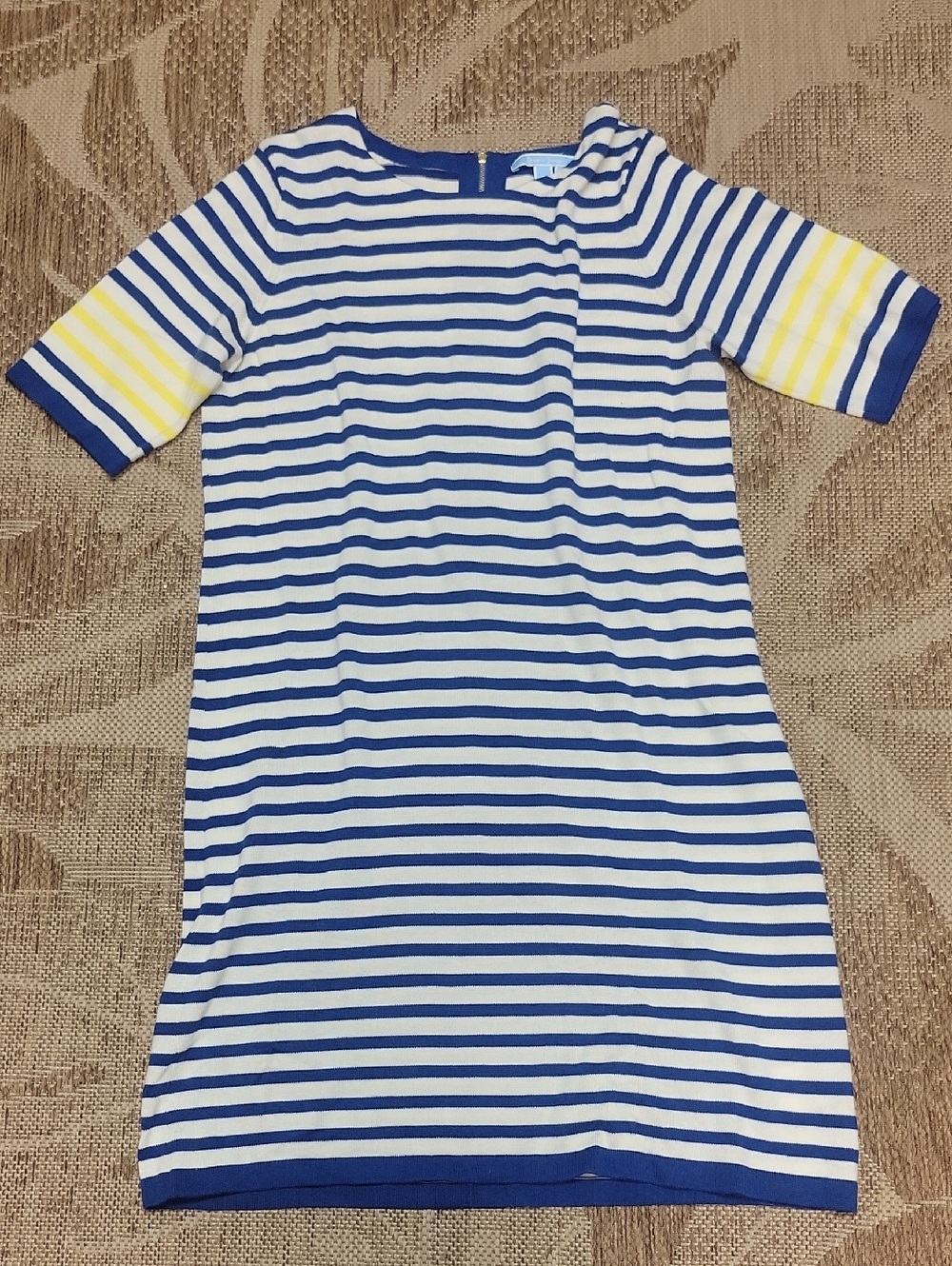 Women's Blue and White Stripe Dress with Yellow Accent